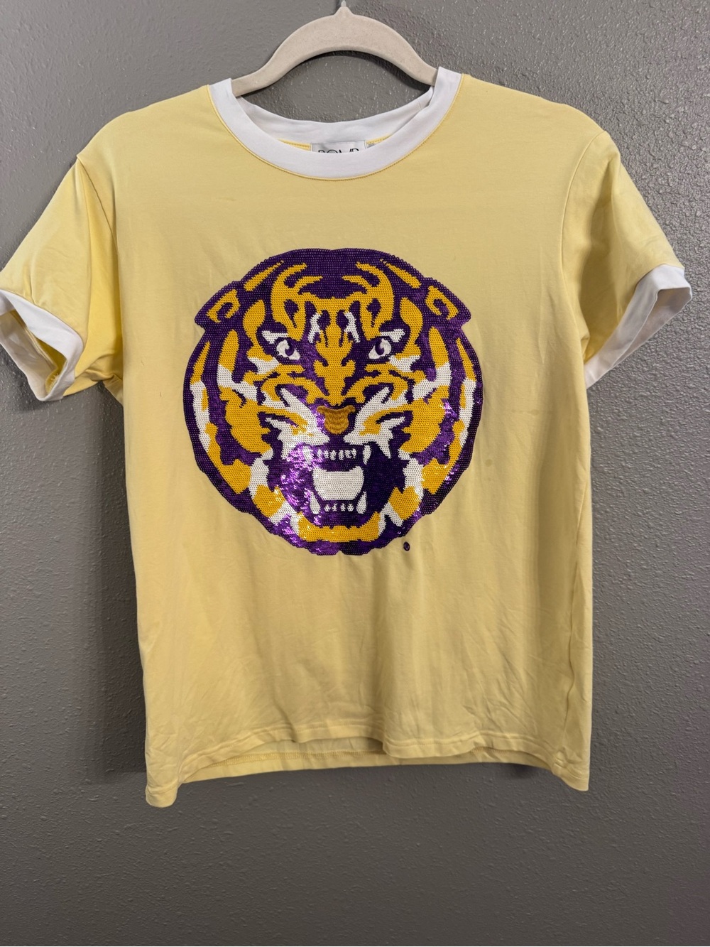 Ladies Yellow Ringer Tee with Purple Tiger Graphic